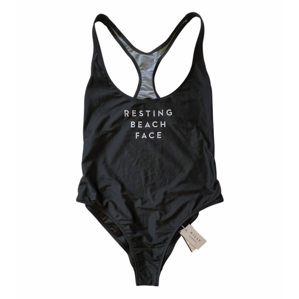 Milly Cabana - Black Resting Beach Face One Piece Swimsuit Luxury Beachwear L